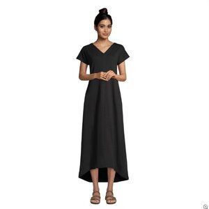 Women's Crinkle Knit Short Sleeve High Low Midi Dress Black Medium